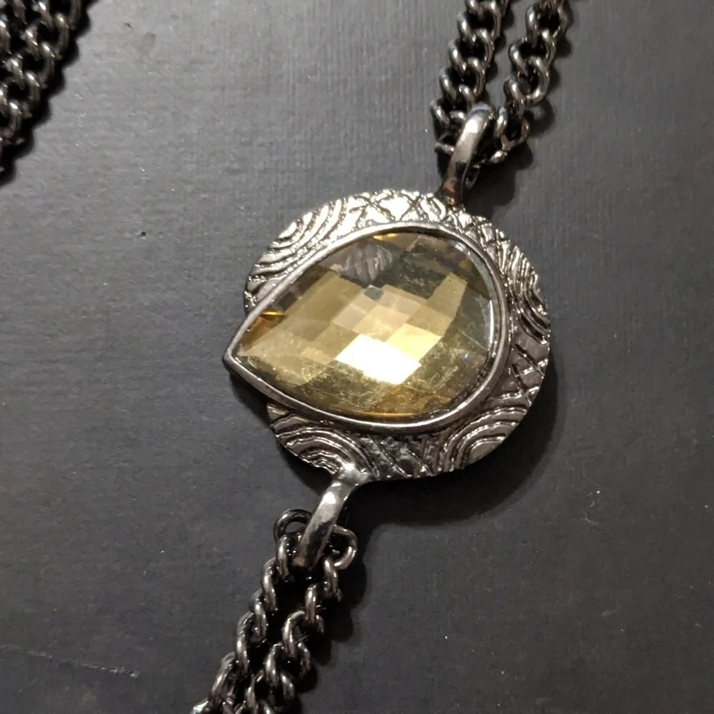 Gunmetal Black Chain with Yellow Rhinestones Long Statement Necklace